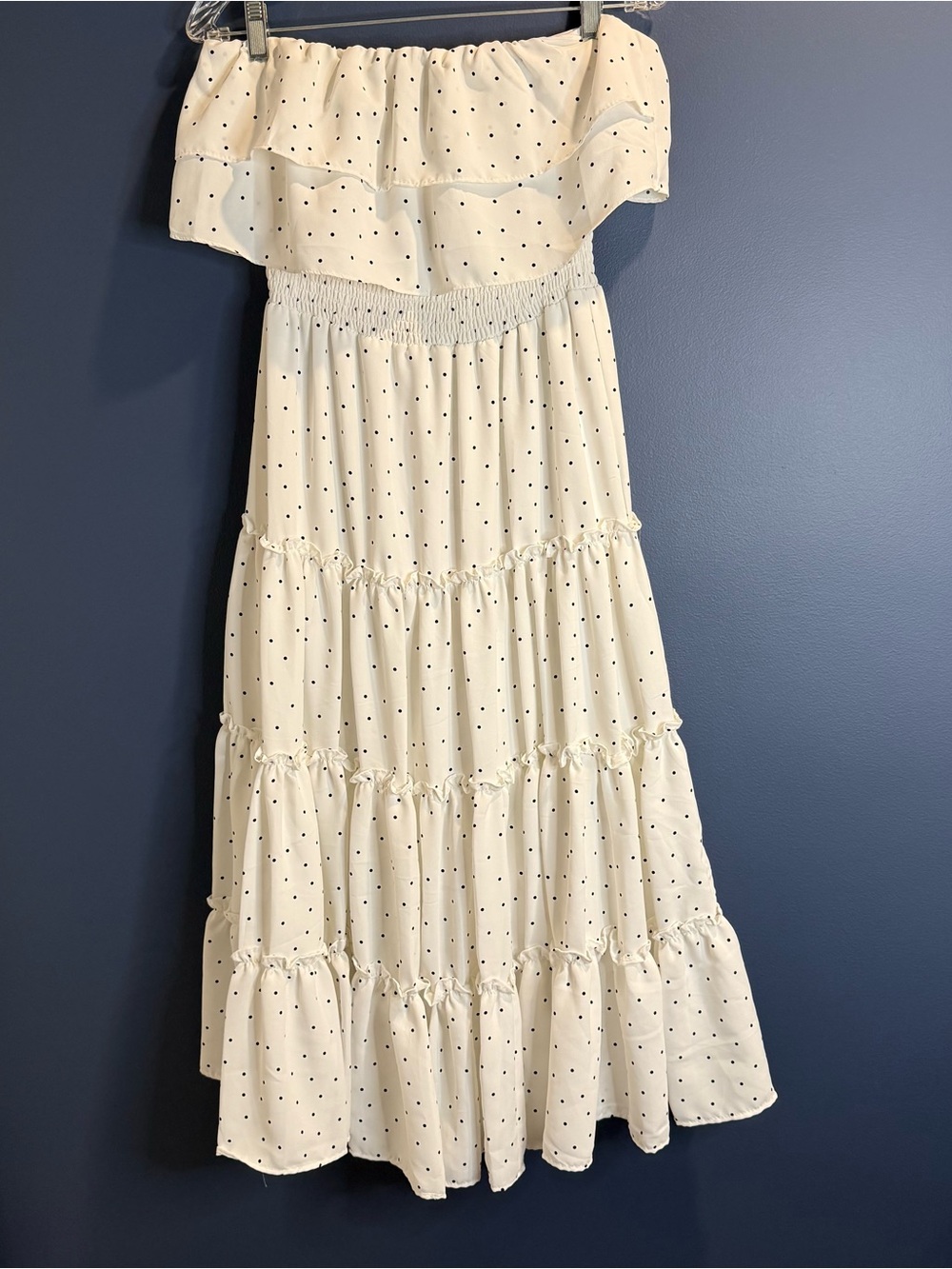 MSK Women White Polka Dot Off The Shoulder Tiered Smocked Maxi Dress Small